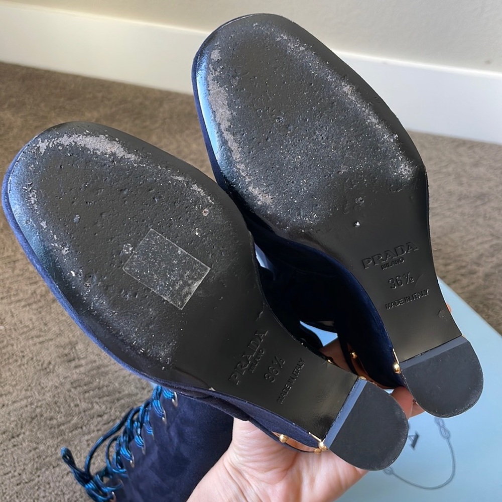 PRADA DARK BLUE LACED KNEW OPEN HEEL BOOTS SIZE 6.5 (36.5 Italian size) - Picture 6 of 17